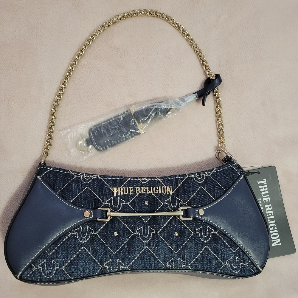 True Religion Navy Denim & Navy Leather Chain Shoulder Bag